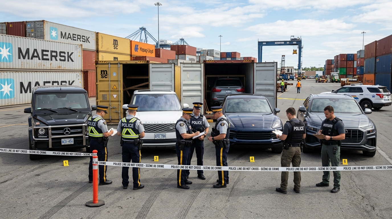 Recovered stolen luxury SUVs in freight shipping containers